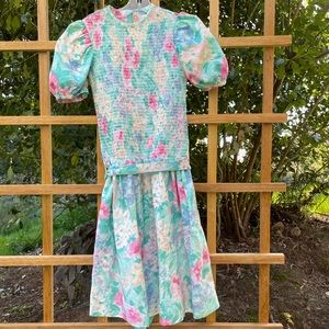 Vintage 90s Girls 7 Blue Smocked Dress